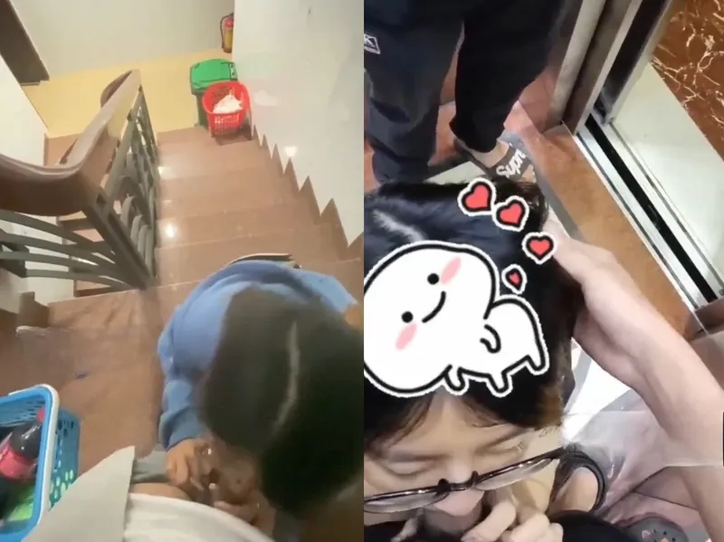Em đang mút cậu bé thì thang máy có người vào, vừa hồi hộp vừa nứng